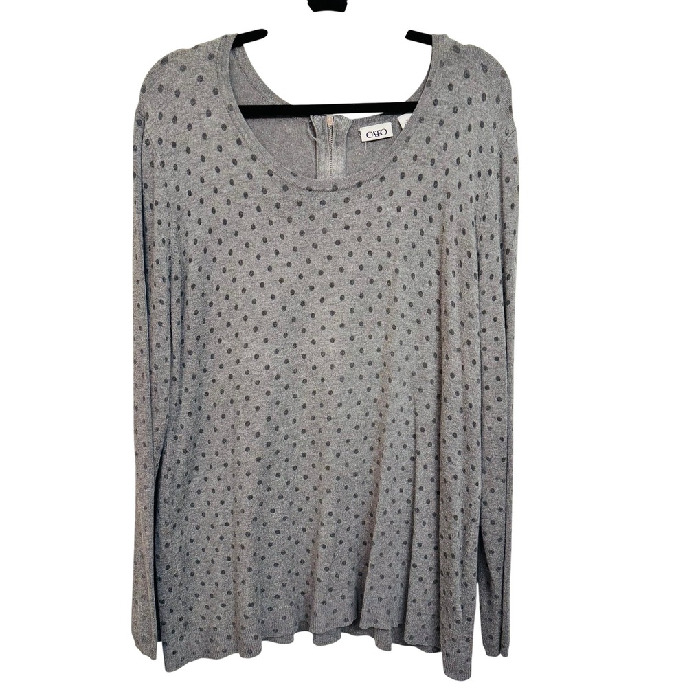 Cato Women XL Polka Dot Back Zip Long Sleeve Knit Sweater Grey